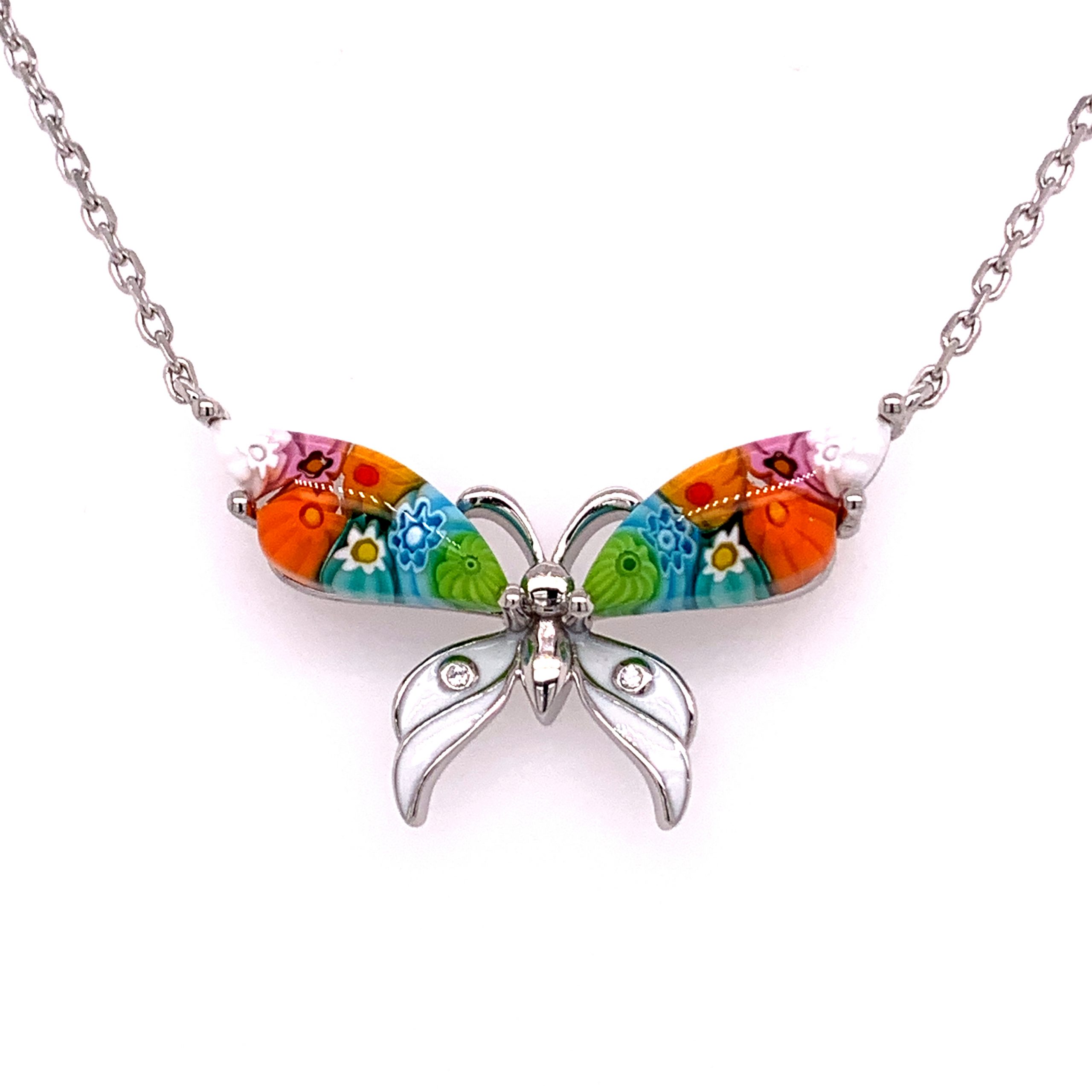 Millefiori Multi Color Murano Glass Butterfly Necklace with Enamel And
